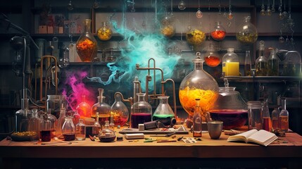 A mystical scene featuring an alchemist's table with various glass containers emitting colorful smoke in a vintage setting