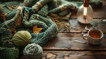 Knitting materials and a sweater on a wooden surface.