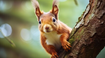 Naklejka na ściany i meble Adorable red squirrel with big eyes and fluffy ears on a tree branch in natural setting
