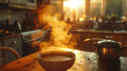 Steaming bowl on kitchen counter at sunrise