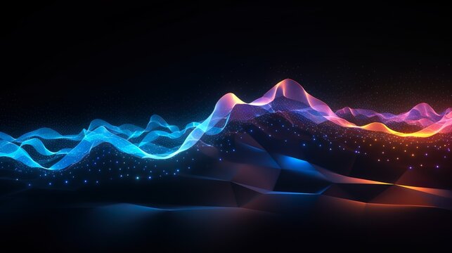 This image portrays a digital wave flowing over a polygonal landscape, mirroring the rhythm of data and innovation in a digital world