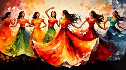 Fototapeta premium The dynamic painting shows a circle of dancing women in dresses that seem to blend with a fiery, colorful background