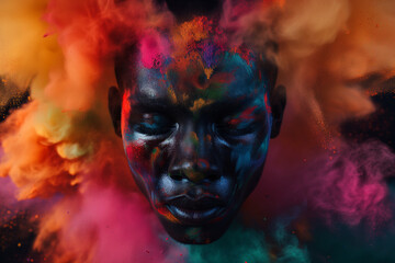AI Generated Image. African man face surrounded by colorful powder paint explosion