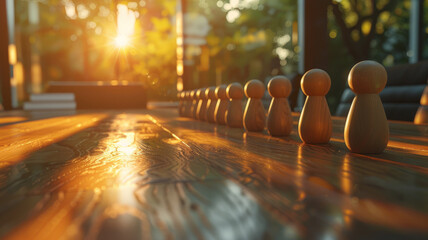 Wooden game pieces on a board at sunset - obrazy, fototapety, plakaty