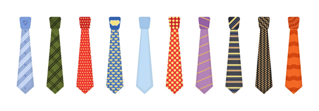 Men accessories ties fashioned. Big colored set neckties different types. Set of various colored ties isolated on white background. Collection men icons. Vector illustration