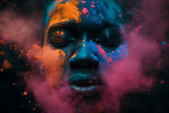 AI Generated Image. African man face surrounded by colorful powder paint explosion