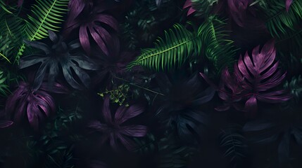 Lush tropical leaves in dark hues with rich purple and magenta accents, creating a mysterious and luxurious feel