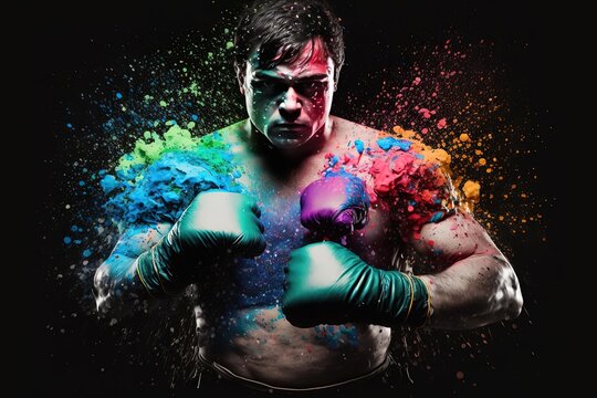 Vibrant Art Photography of a Person Wearing Boxing Gloves with Rainbow Splash of Ink