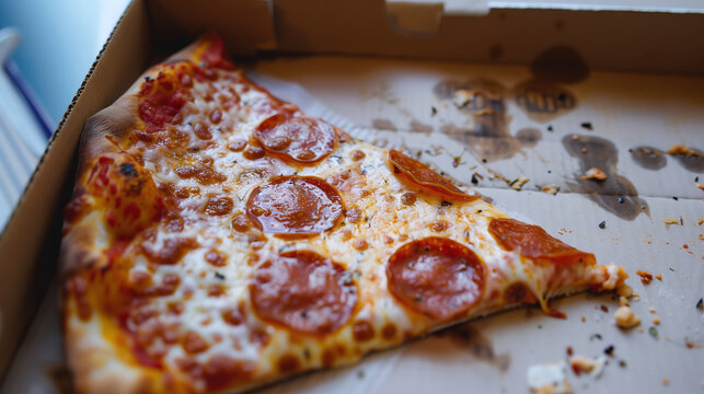 Partial pepperoni pizza in a cardboard box. Generative AI image