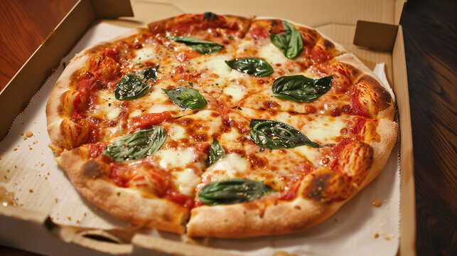 Freshly Baked Pizza with Basil in Cardboard Box. Generative AI image