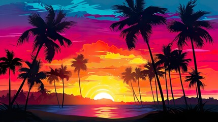 A striking scene depicts silhouetted palm trees against a vibrant sunset with hues of pink, purple, and orange dominating the background