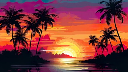 A serene view showcasing the reflection of a sunset and palm trees on calm waters, with pink and orange tones creating a peaceful mood