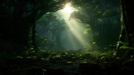 An enchanted forest scene featuring a sunlit clearing within dense green foliage and mist adding a touch of magic and mystery