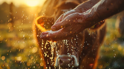 Fototapeta premium Hands splashing water in sunlight.