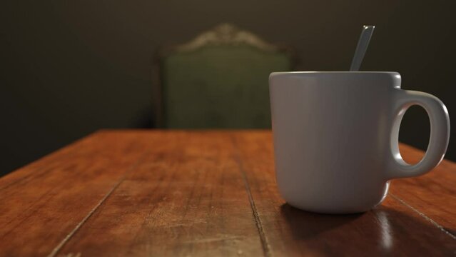 White porcelain tea cup on a wooden kitchen table.