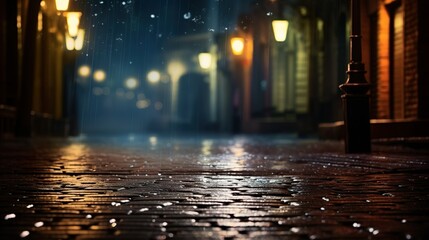 A city street scene shimmering with rainwater at nighttime featuring reflections of street lights