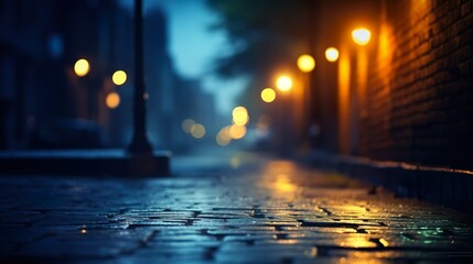 An atmospheric shot capturing a quiet and foggy urban street scene with dim street lights under the...