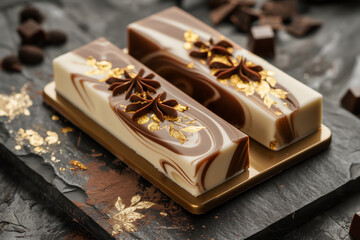 Belgian chocolate with white, gold and brown swirls, decorated with anise stars. Confectionery gourmet on a dark background