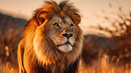 Obraz premium Regal Lion with Piercing Eyes in Golden Savannah Light