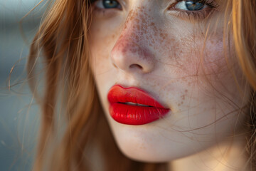 Close-up of woman with freckles and red lipstick. Generative AI image