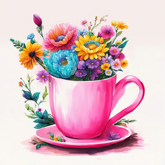 a bouquet of beautiful wildflowers in a pink tea cup. illustration. artificial intelligence generator, AI, neural network image. background for the design.