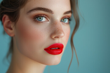 Close-up portrait of a woman with bold red lipstick. Generative AI image
