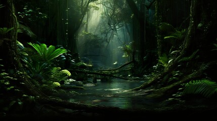 This image captures a serene and mystical rainforest scene with beams of light filtering through the dense foliage