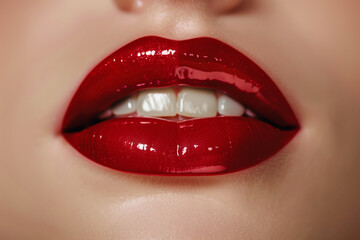 Close-up of glossy red lips with shimmering lip gloss. Generative AI image