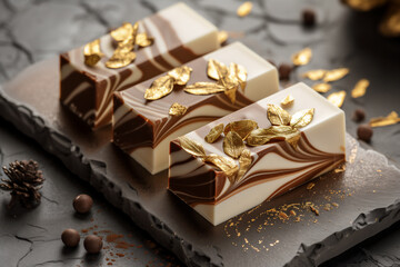 Belgian chocolate with white, gold and brown swirls, decorated with golden leaves. Confectionery...