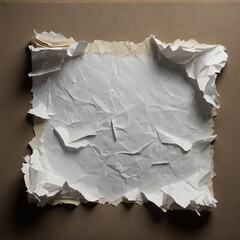 Crumpled piece of white paper commands attention in center of image, surrounded by torn edges that reveal contrasting brown surface beneath. Paper, wrinkled, uneven.