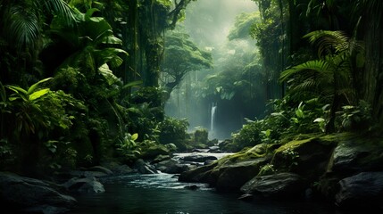 Highly detailed image depicting a refreshing jungle scene with a waterfall and rich greenery in vibrant tones