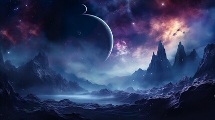 A breathtaking digital art of a tranquil cosmic landscape with planets, stars, and towering icy mountains