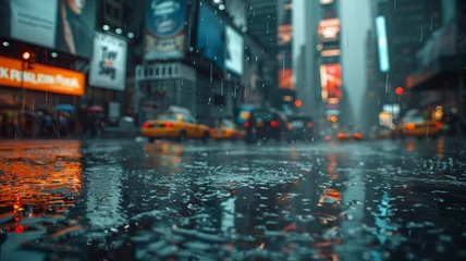 Photo sur Plexiglas TAXI de new york Rainy street with blurred city lights at night.