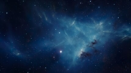 An image depicting the tranquil beauty of space with a star field and soft blue-hued cosmic dust clouds