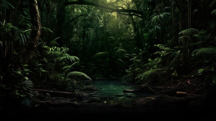 An evocative image of a verdant forest landscape with a winding river, bathed in the soft glow of natural light