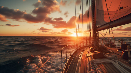 Sailboat Journey at Sunset, Golden Ocean Waves & Clouds