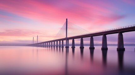 Fototapeta na wymiar A serene landscape with a suspension bridge at sunrise, reflecting vibrant pinks and purples over calm waters
