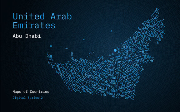 A map of United Arab
Emirates depicted in zeros and ones in the form of a circle. The capital, Abu Dhabi, is shown in the center of the circle