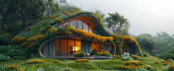 Nestled amidst greenery, the modern yet unusual eco-residence offers a tranquil escape, beautifully harmonizing with the natural environment.