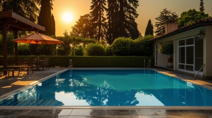Fototapeta na wymiar Countryside pool care. clean backyard pool setup and maintenance tips for a beautiful outdoor space