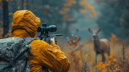 A peaceful deer in the forest is targeted by a hidden hunter at sunrise.