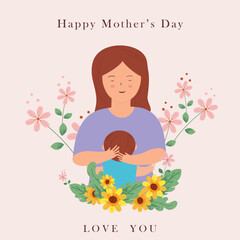 Happy Mother's Day greeting card. Vector illustration banner design with mother and her child.