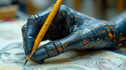 Fototapeta premium Depiction of a robotic hand creating a sketch of itself on paper, representing the advancement of AI and cutting-edge technology.