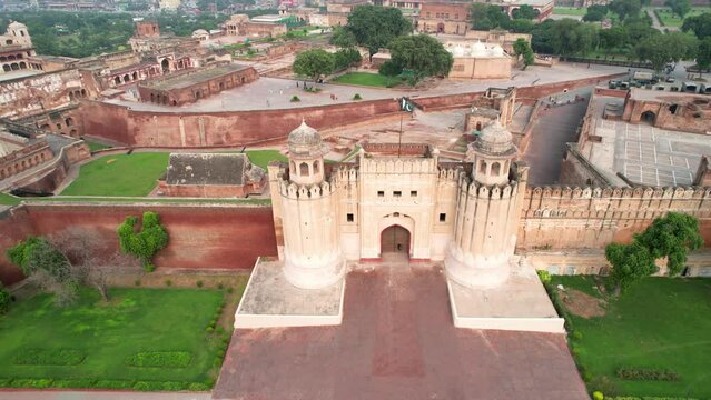 Lahore Fort is a citadel in the city of Lahore in Punjab, Pakistan., Historical Mughal Empire Lahore Fort Lahore, Pakistan - Aerial Shot 4k
