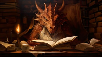 A mighty red dragon delves into an ancient book in a candlelit medieval library