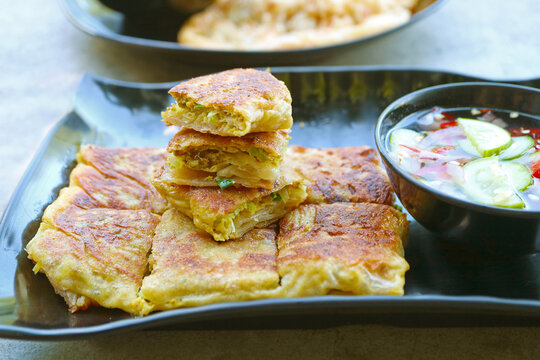 Plate of Delectable Minced Beef Stuffed Roti Mataba or Murtabak