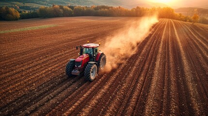 Obraz premium Before grain sowing, a combine harvester is captured plowing the fertile land in an agricultural field from the unique angle of a drone's view.