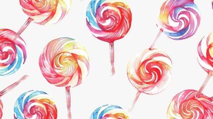 Fototapeta na wymiar Seamless watercolor pattern with a sweet candy lollipop on a white isolated background.