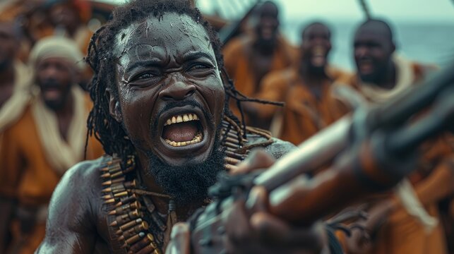 On a commandeered vessel, dark-skinned pirates roar their demands, their faces etched with fury - a harrowing display of piracy at sea.