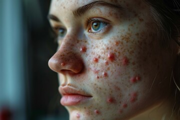 A detailed portrait capturing a young woman plagued by severe acne, skin challenges, and indicators of lacking essential vitamins. 